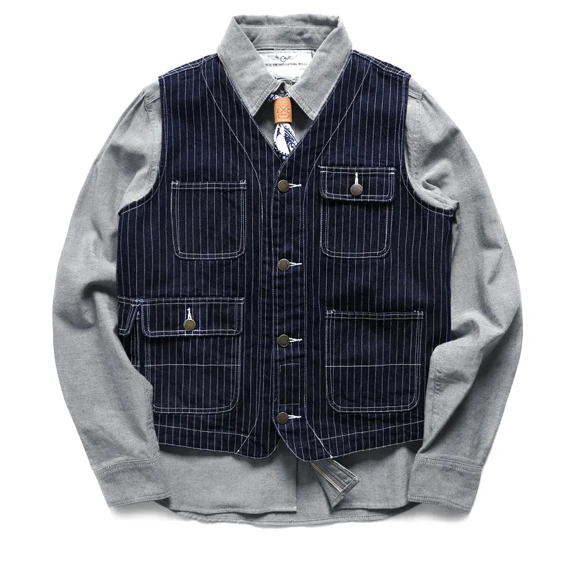 American Western Retro Striped Denim Multi-pocket Cargo Vest
