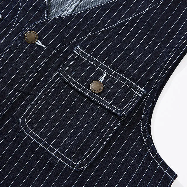 American Western Retro Striped Denim Multi-pocket Cargo Vest