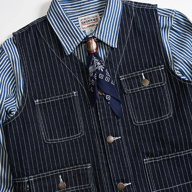 American Western Retro Striped Denim Multi-pocket Cargo Vest