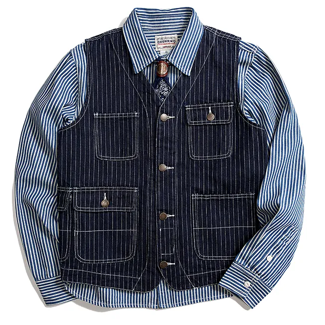 American Western Retro Striped Denim Multi-pocket Cargo Vest