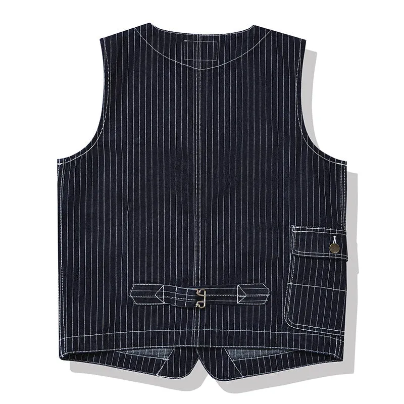American Western Retro Striped Denim Multi-pocket Cargo Vest