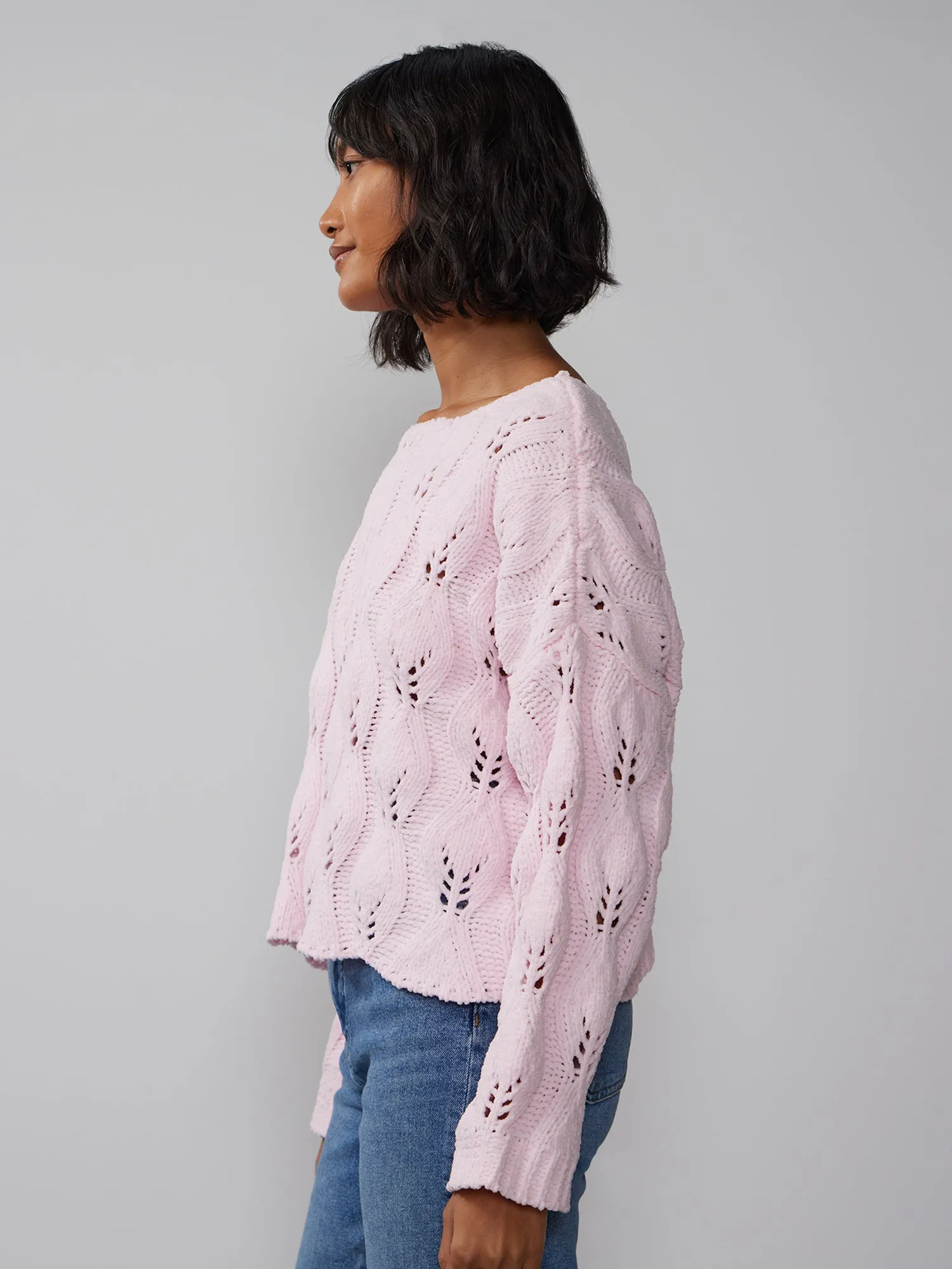 Bateau Neck Open Shell Stitch Sweater