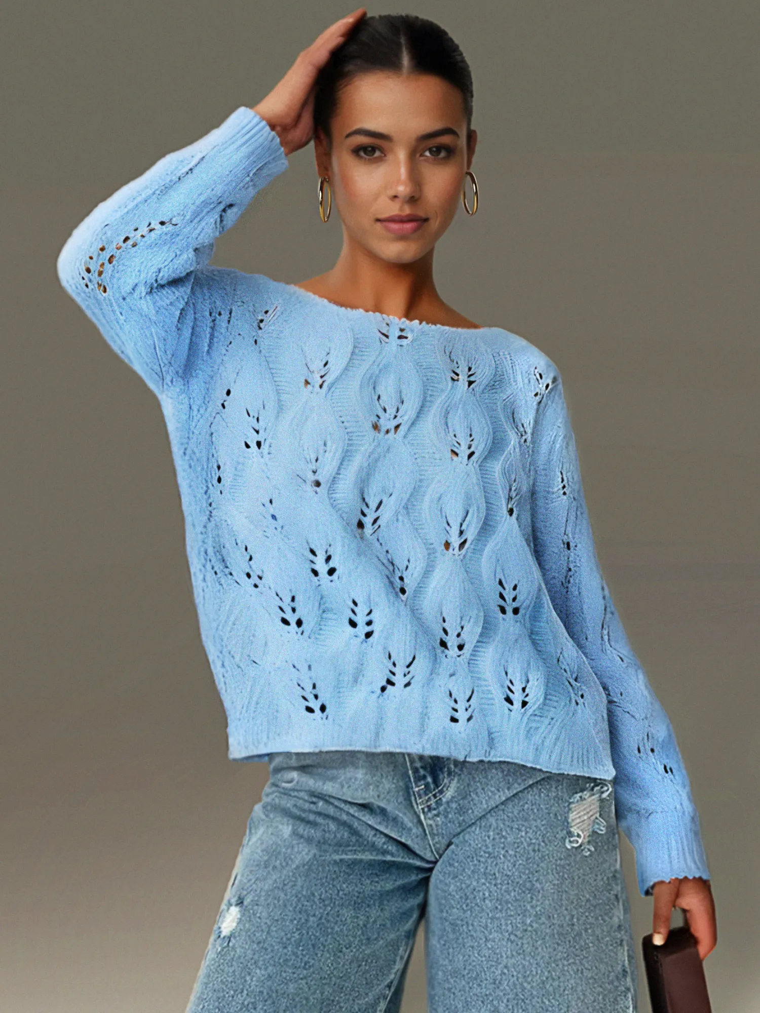 Bateau Neck Open Shell Stitch Sweater