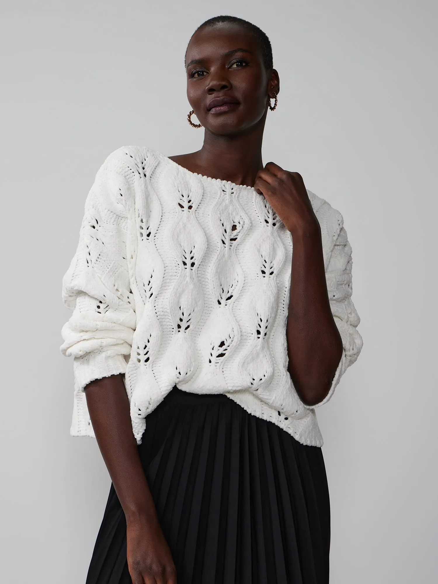 Bateau Neck Open Shell Stitch Sweater