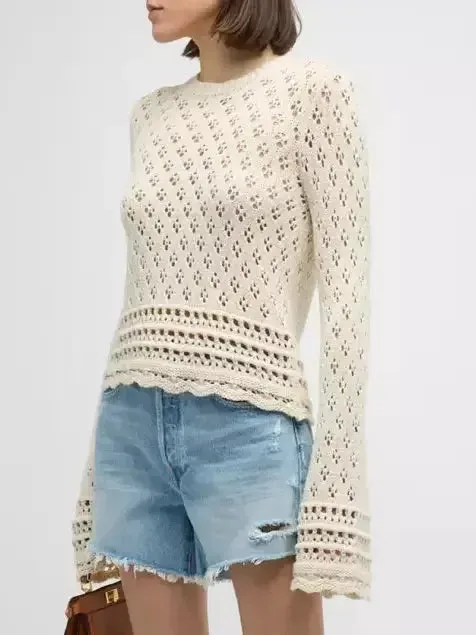 Bell-Sleeve Crochet Knit Ecru Sweater