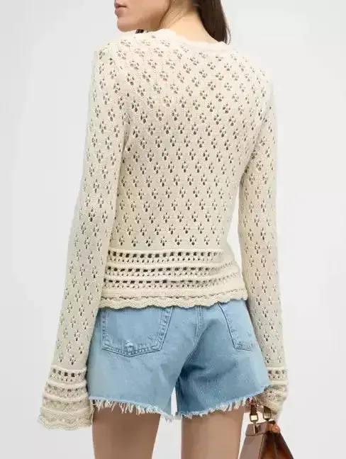 Bell-Sleeve Crochet Knit Ecru Sweater