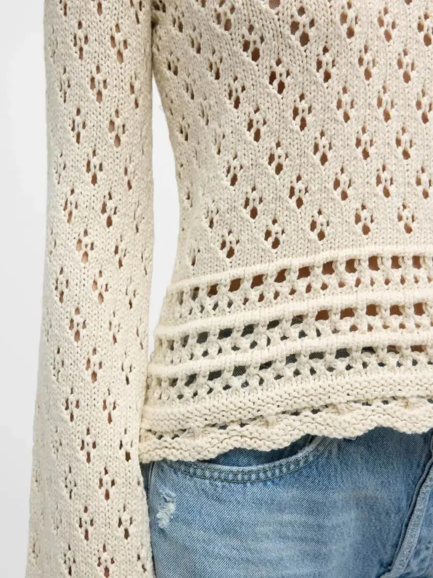 Bell-Sleeve Crochet Knit Ecru Sweater