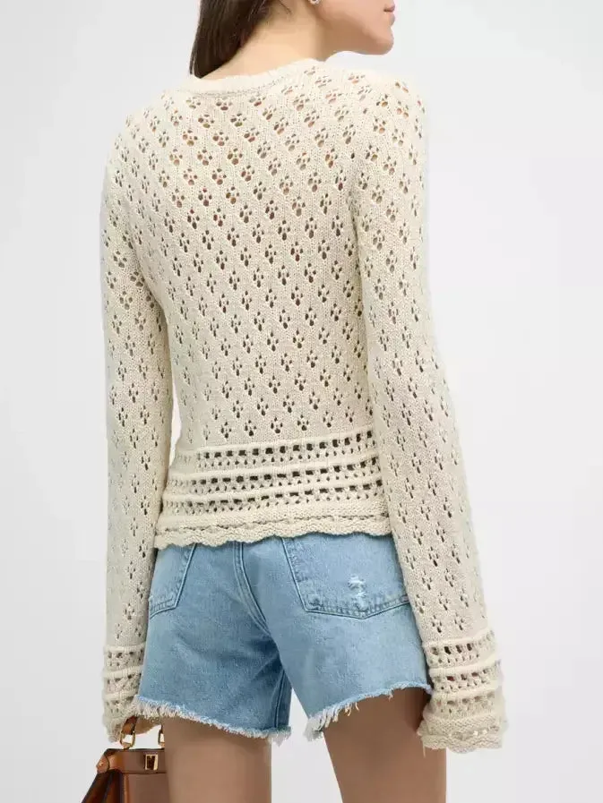 Bell-Sleeve Crochet Knit Ecru Sweater