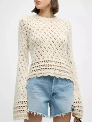 Bell-Sleeve Crochet Knit Ecru Sweater