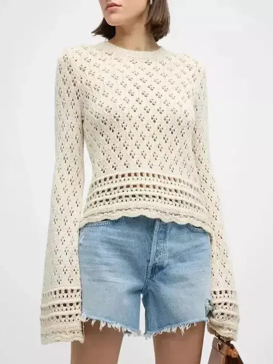 Bell-Sleeve Crochet Knit Ecru Sweater