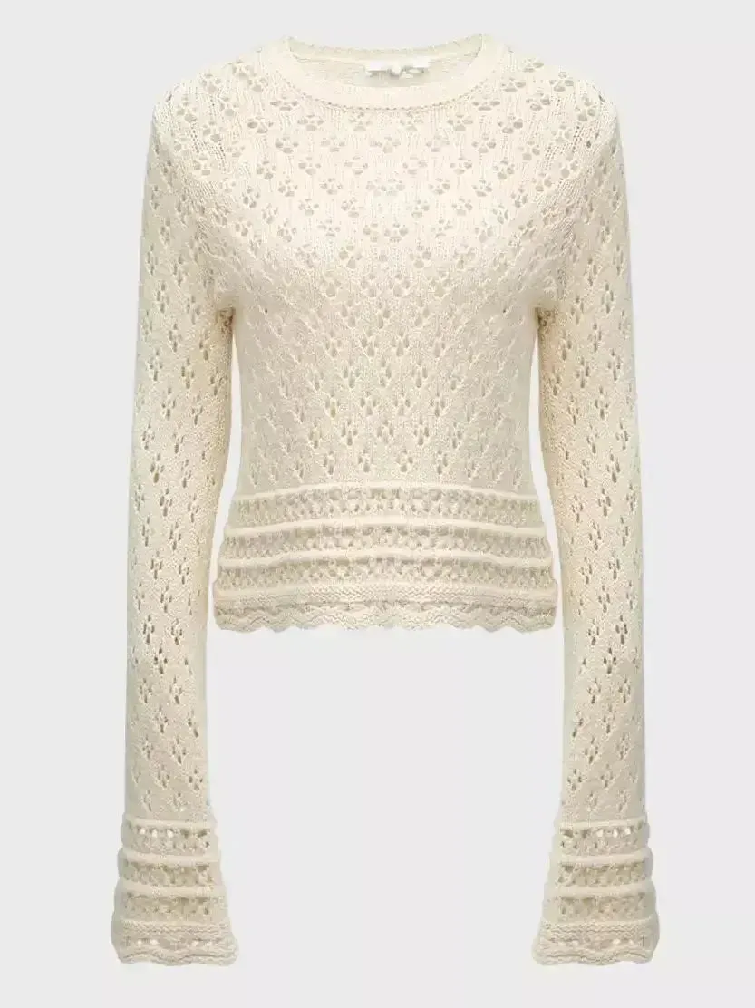 Bell-Sleeve Crochet Knit Ecru Sweater