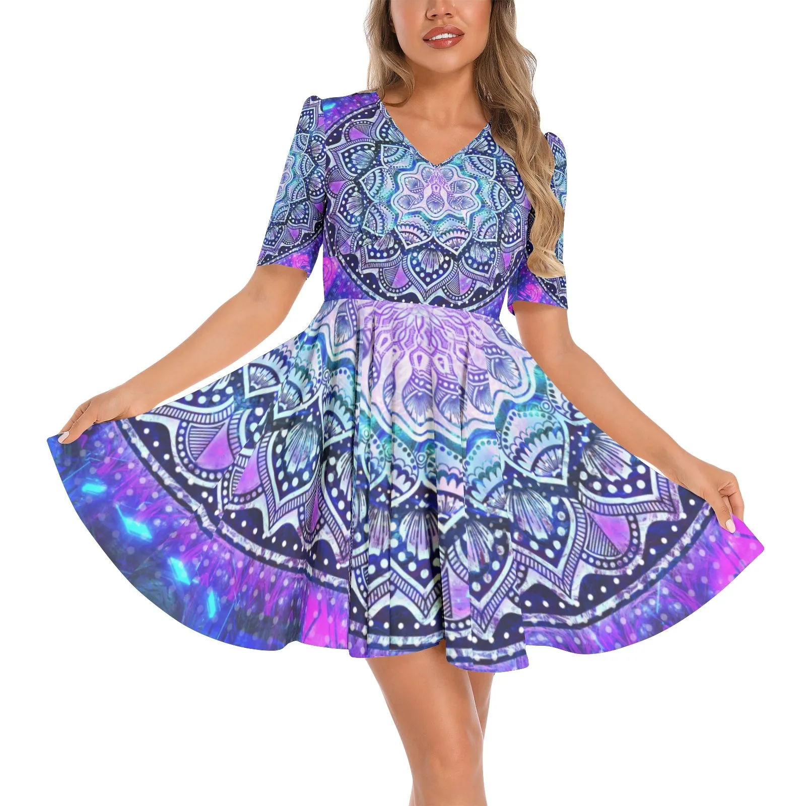 Cameron Gray | Bloom Mandala | Short Sleeve Ruched Bust Flared Hem Dress