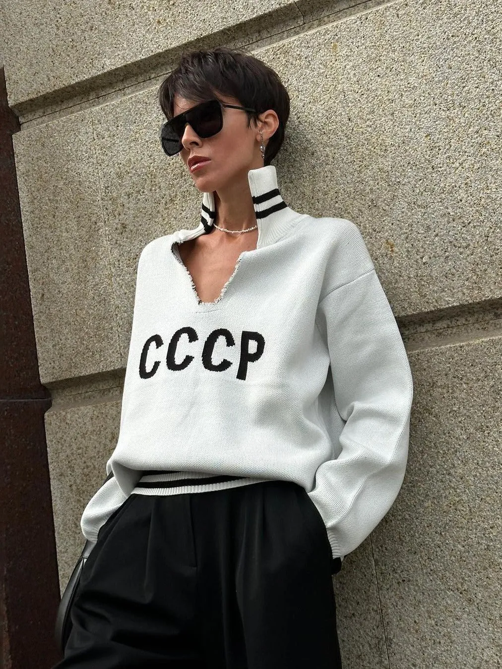 CCCP Letter Embroidery Stand Collar Hollow Knit Sweater
