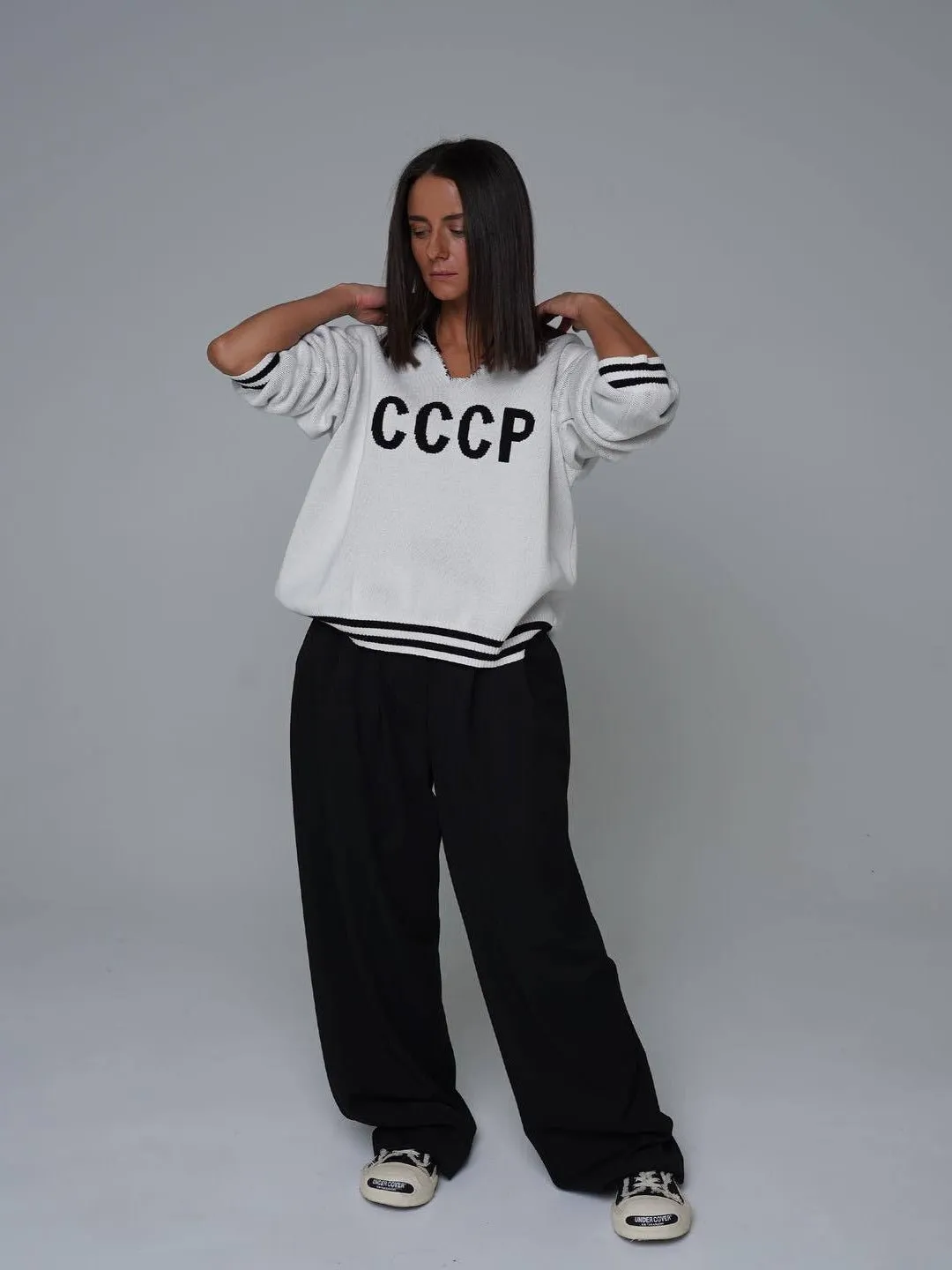 CCCP Letter Embroidery Stand Collar Hollow Knit Sweater