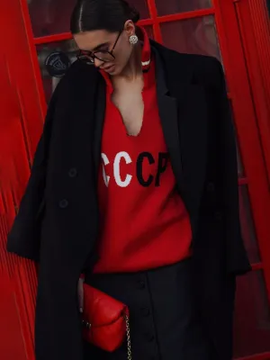 CCCP Letter Embroidery Stand Collar Hollow Knit Sweater