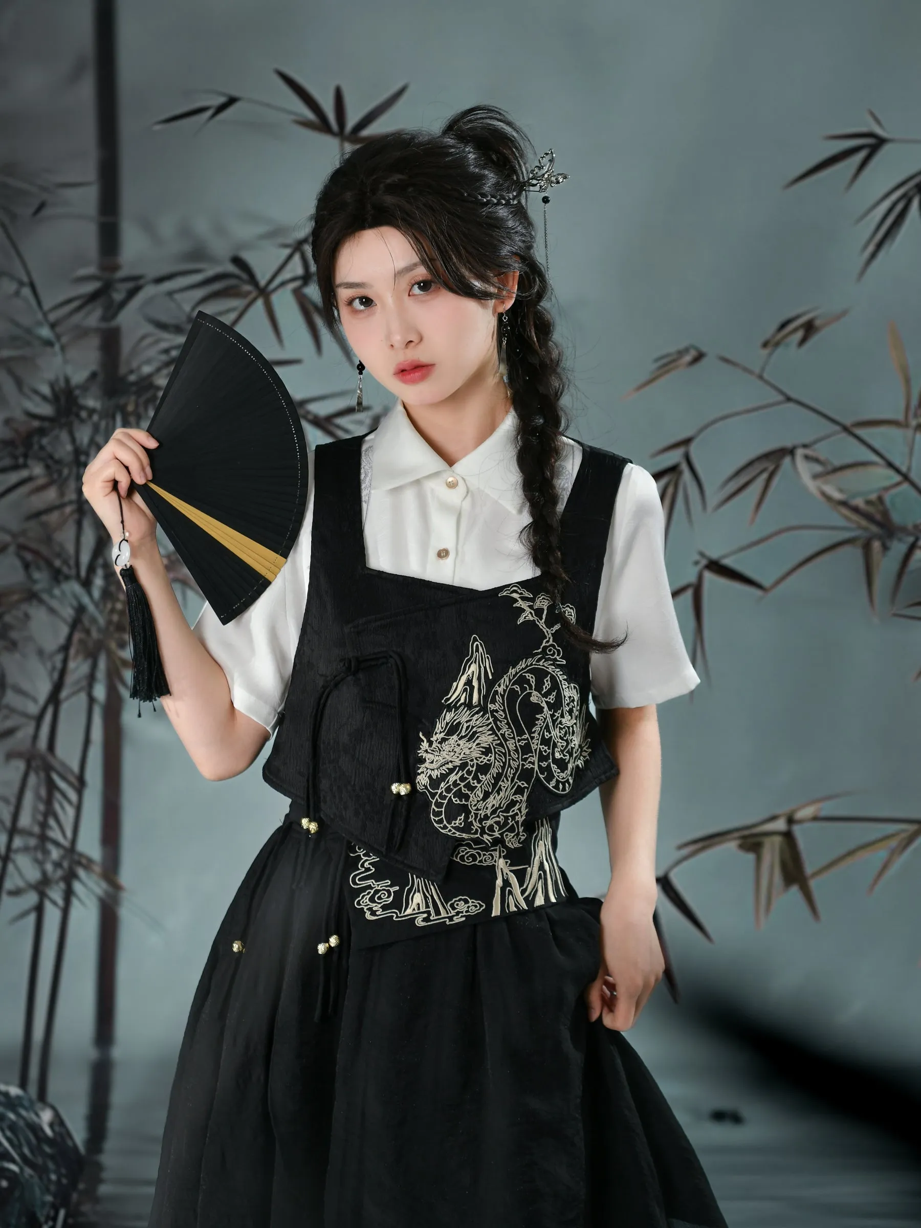 Cloud Dragon Chinese Style Embroidered Textured Vest
