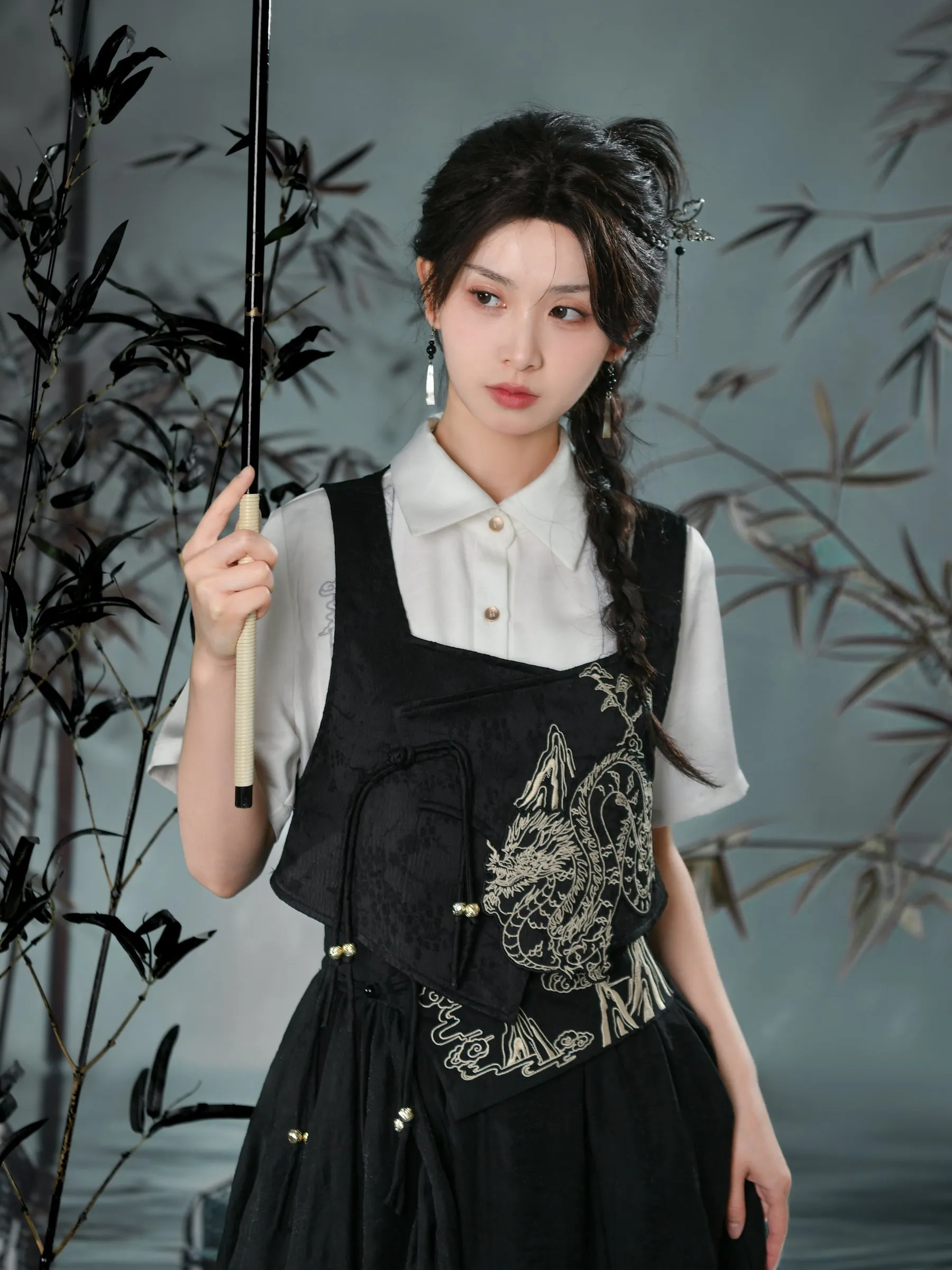 Cloud Dragon Chinese Style Embroidered Textured Vest
