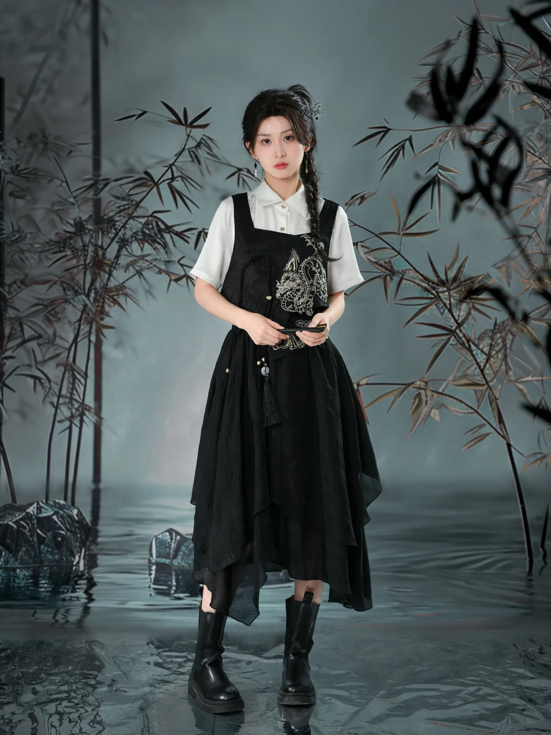 Cloud Dragon Chinese Style Embroidered Textured Vest