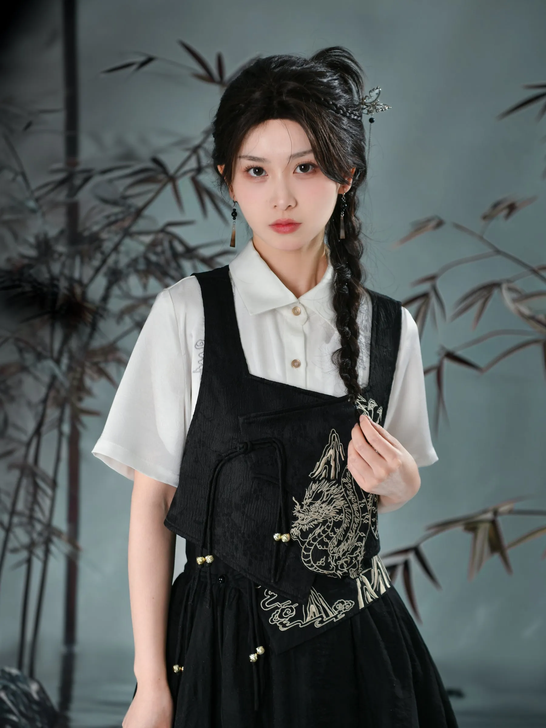 Cloud Dragon Chinese Style Embroidered Textured Vest