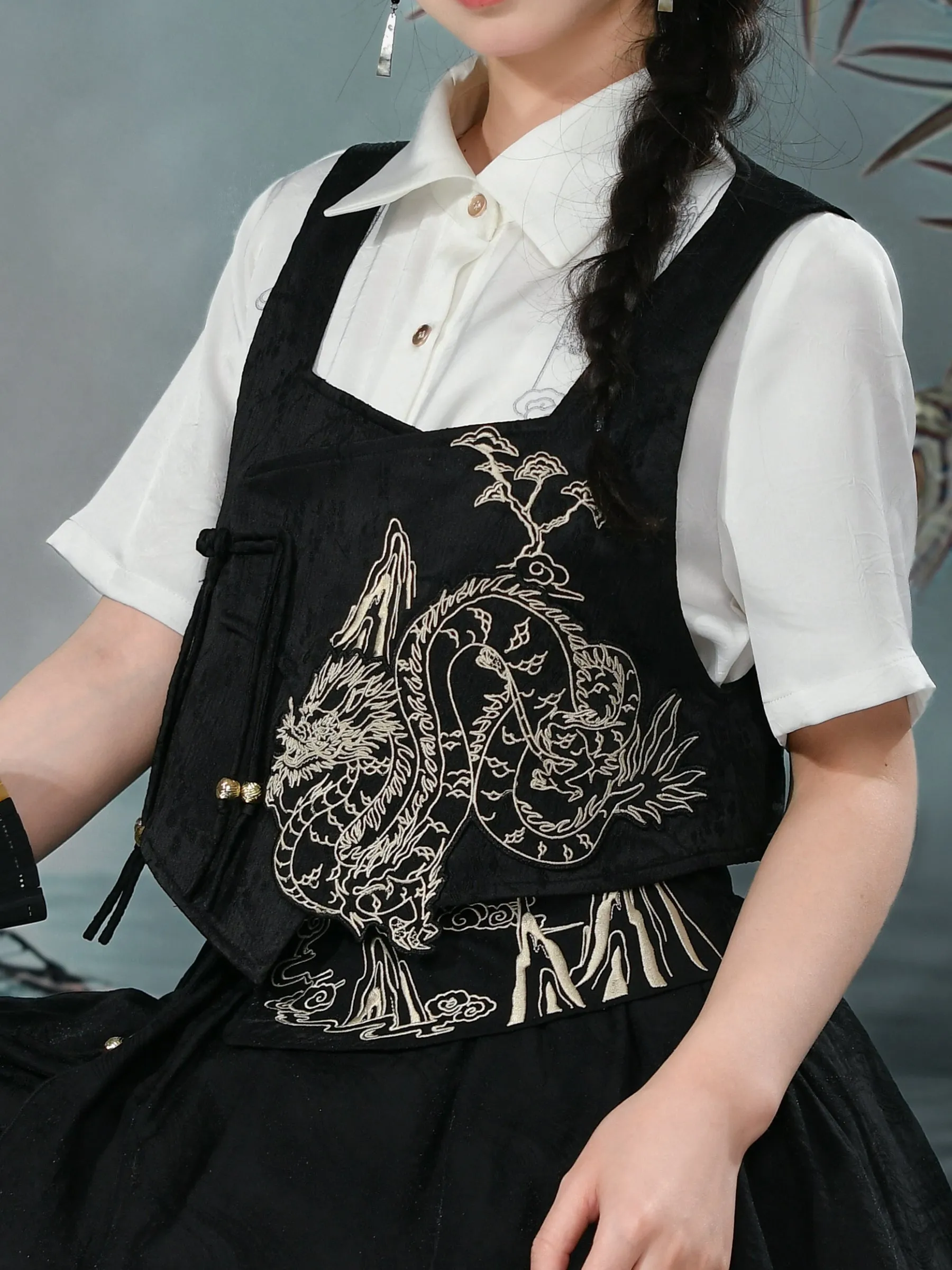 Cloud Dragon Chinese Style Embroidered Textured Vest