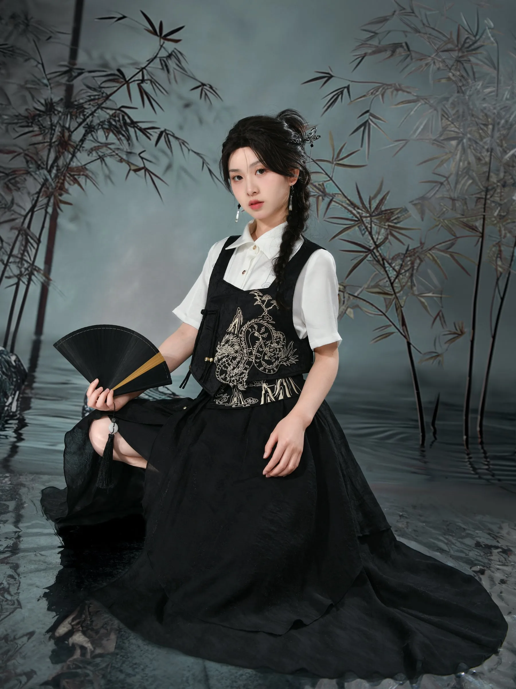 Cloud Dragon Chinese Style Embroidered Textured Vest
