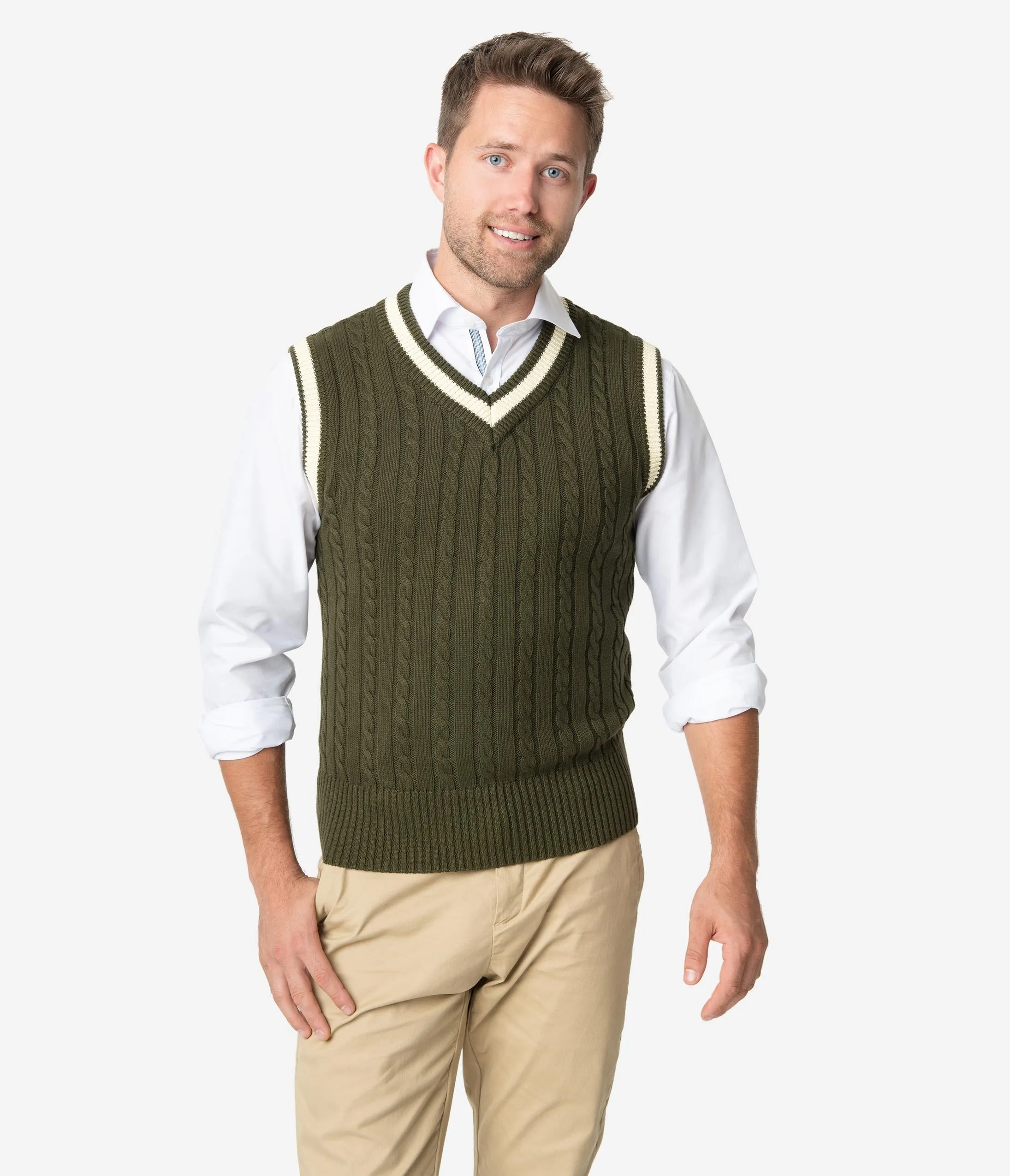 Collectif 1950s Olive Green Cable Knit Alex Mens Sweater Vest