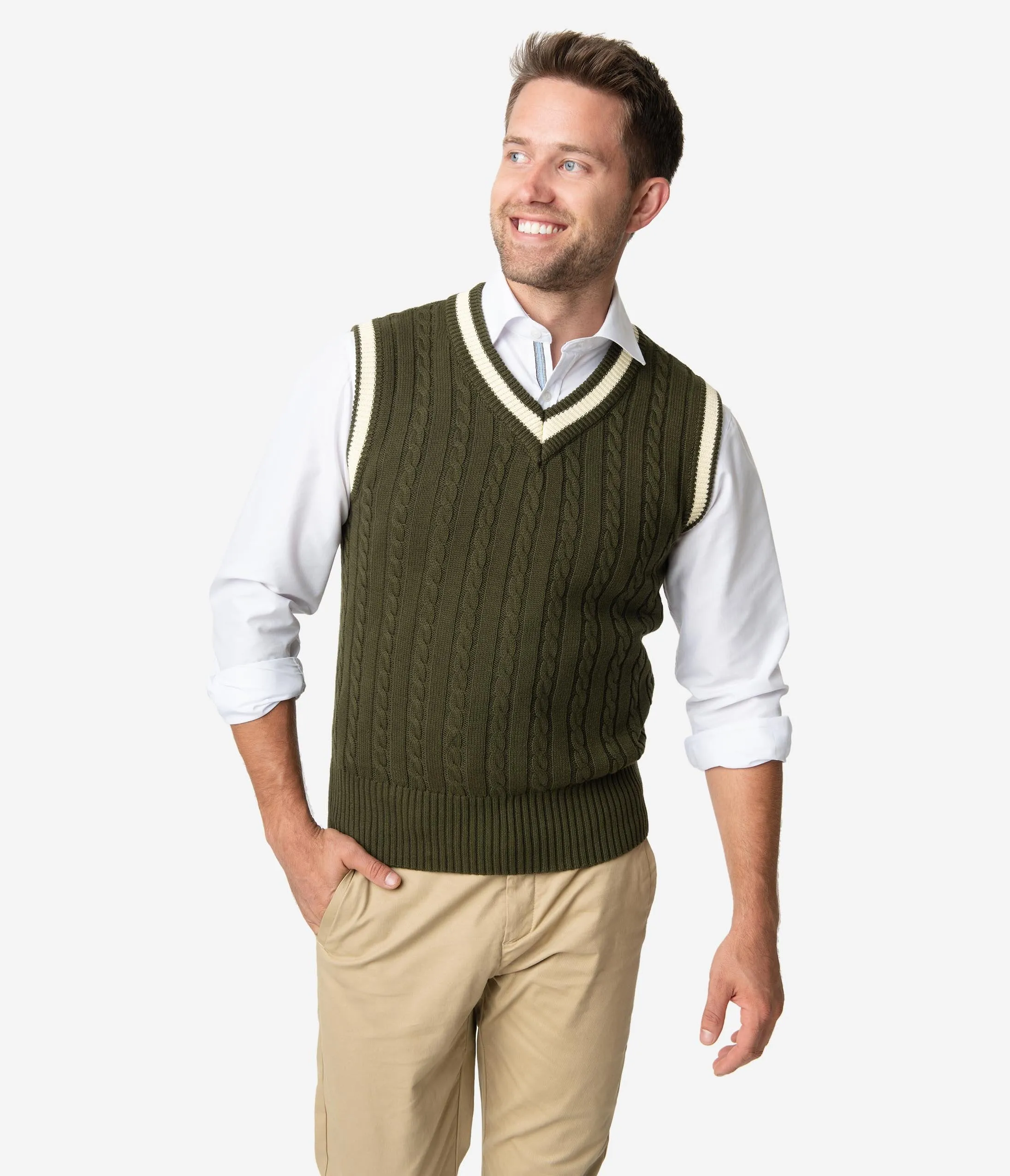 Collectif 1950s Olive Green Cable Knit Alex Mens Sweater Vest