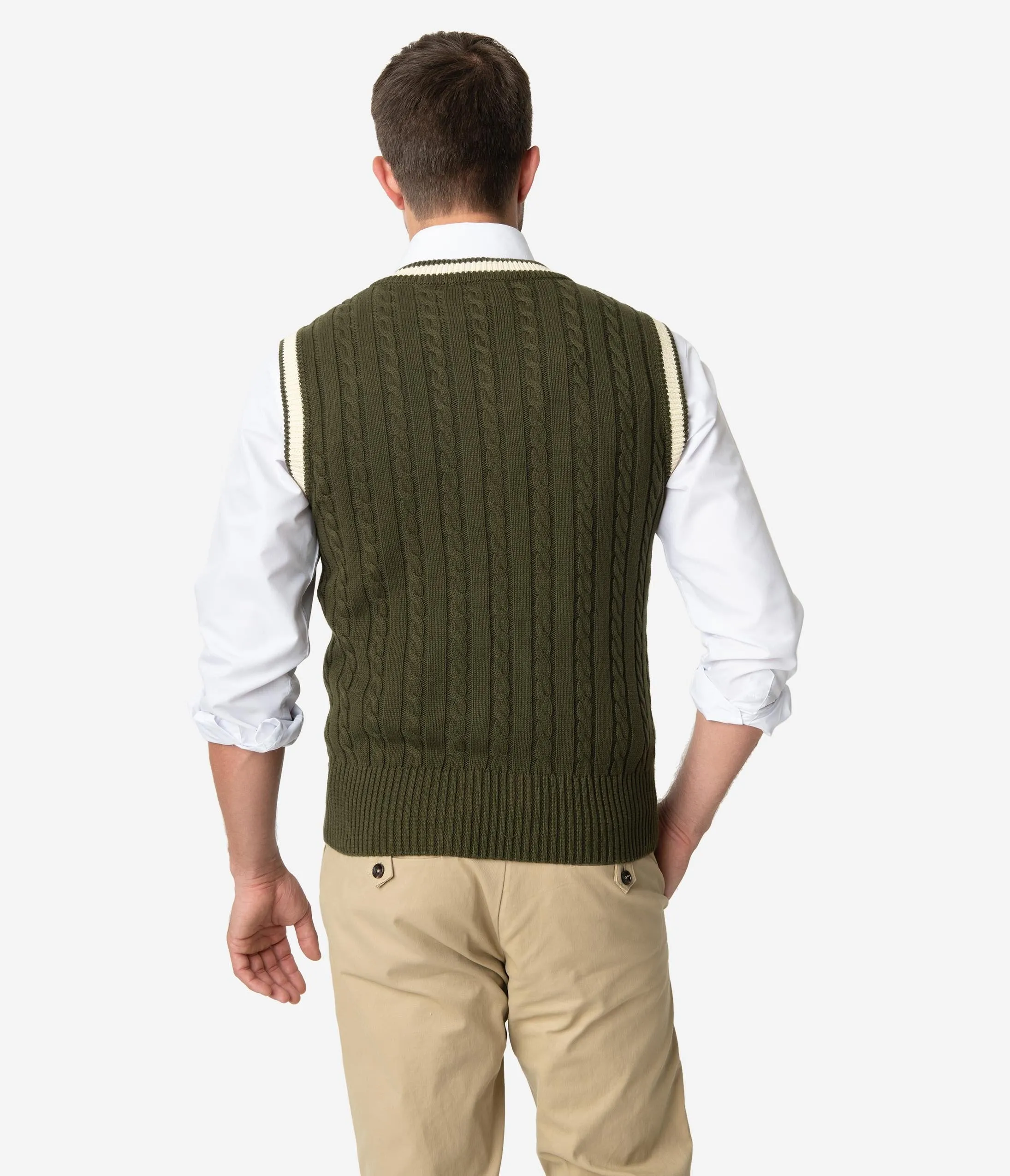 Collectif 1950s Olive Green Cable Knit Alex Mens Sweater Vest