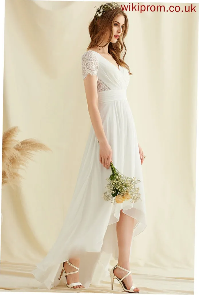 Dress Wedding Dresses Wedding Eileen Asymmetrical A-Line Lace V-neck Chiffon