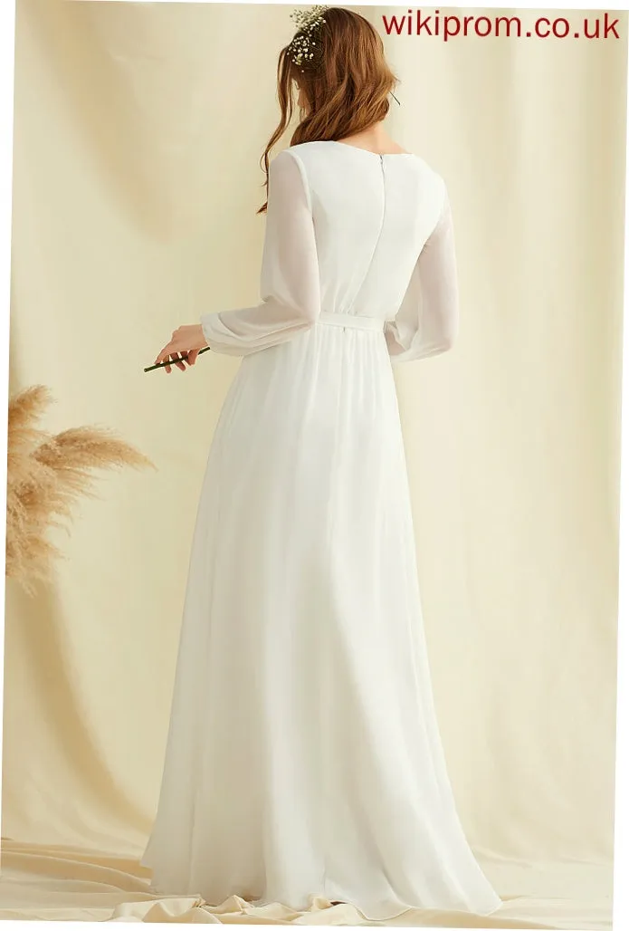 Front V-neck Chiffon Wedding Wedding Dresses Split Kiara A-Line Floor-Length Dress With