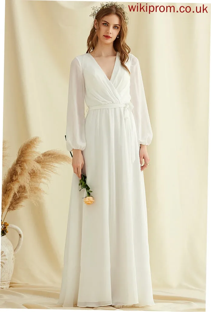 Front V-neck Chiffon Wedding Wedding Dresses Split Kiara A-Line Floor-Length Dress With