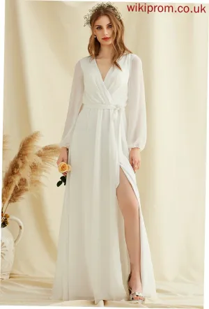 Front V-neck Chiffon Wedding Wedding Dresses Split Kiara A-Line Floor-Length Dress With