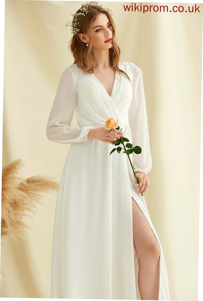 Front V-neck Chiffon Wedding Wedding Dresses Split Kiara A-Line Floor-Length Dress With
