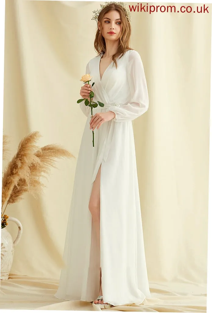 Front V-neck Chiffon Wedding Wedding Dresses Split Kiara A-Line Floor-Length Dress With