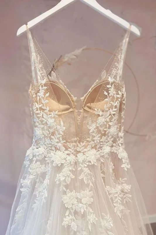 Long A-Line Appliques Lace Spaghetti Straps Sweetheart Tulle Wedding Dresses
