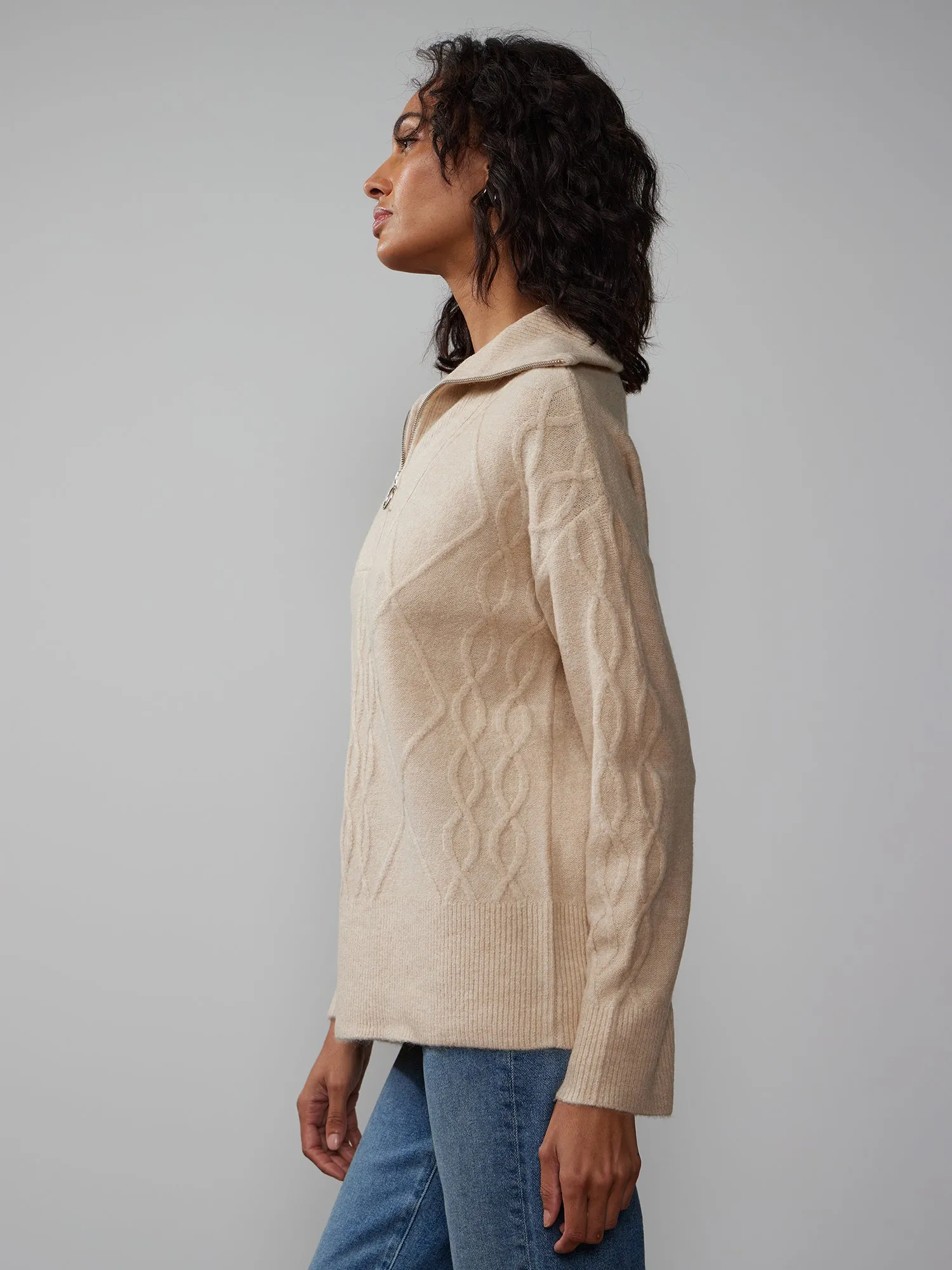 Long Sleeve Cable Knit Quarter Zip Sweater