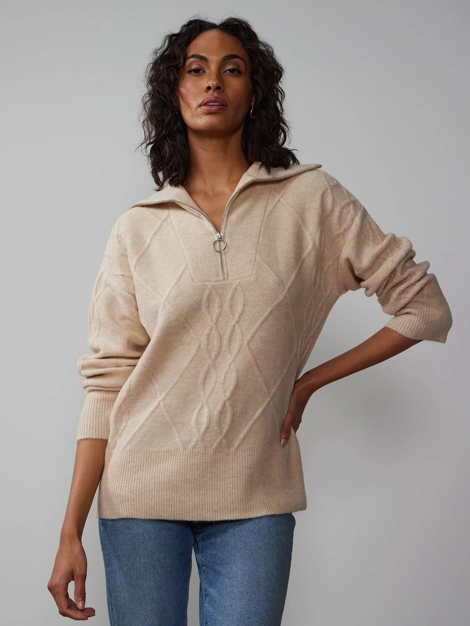 Long Sleeve Cable Knit Quarter Zip Sweater