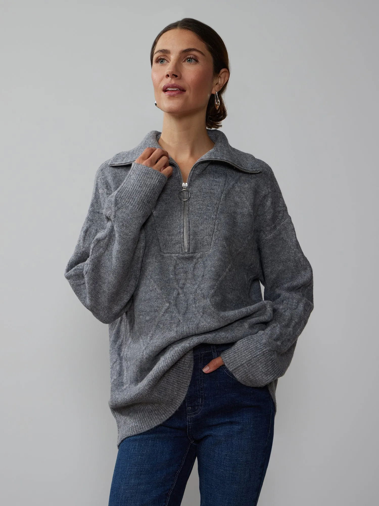 Long Sleeve Cable Knit Quarter Zip Sweater