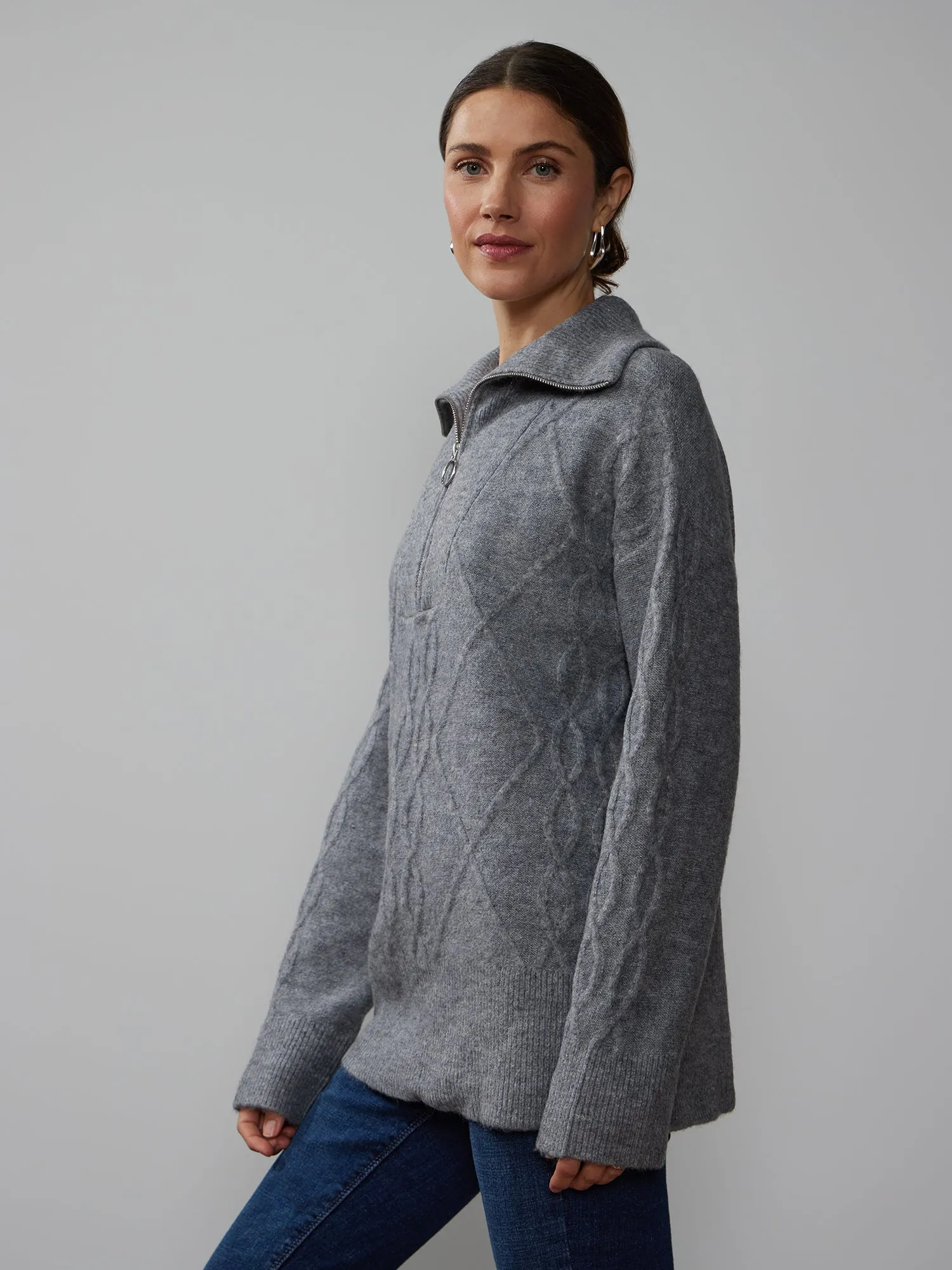 Long Sleeve Cable Knit Quarter Zip Sweater