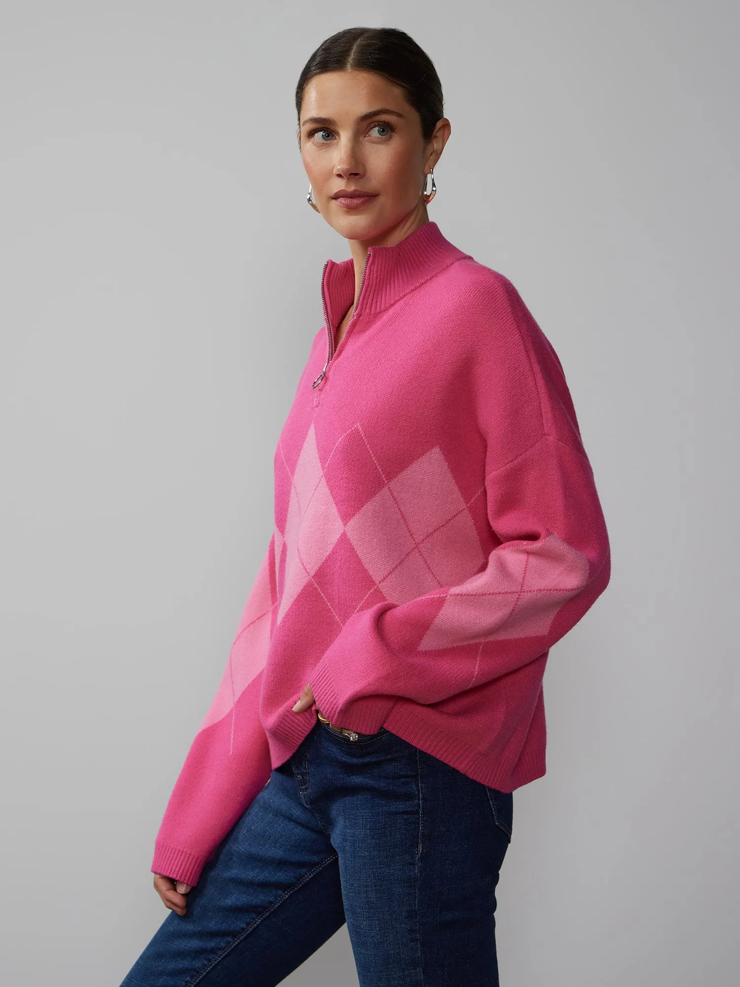 Long Sleeve Quarter Zip Argyle Sweater