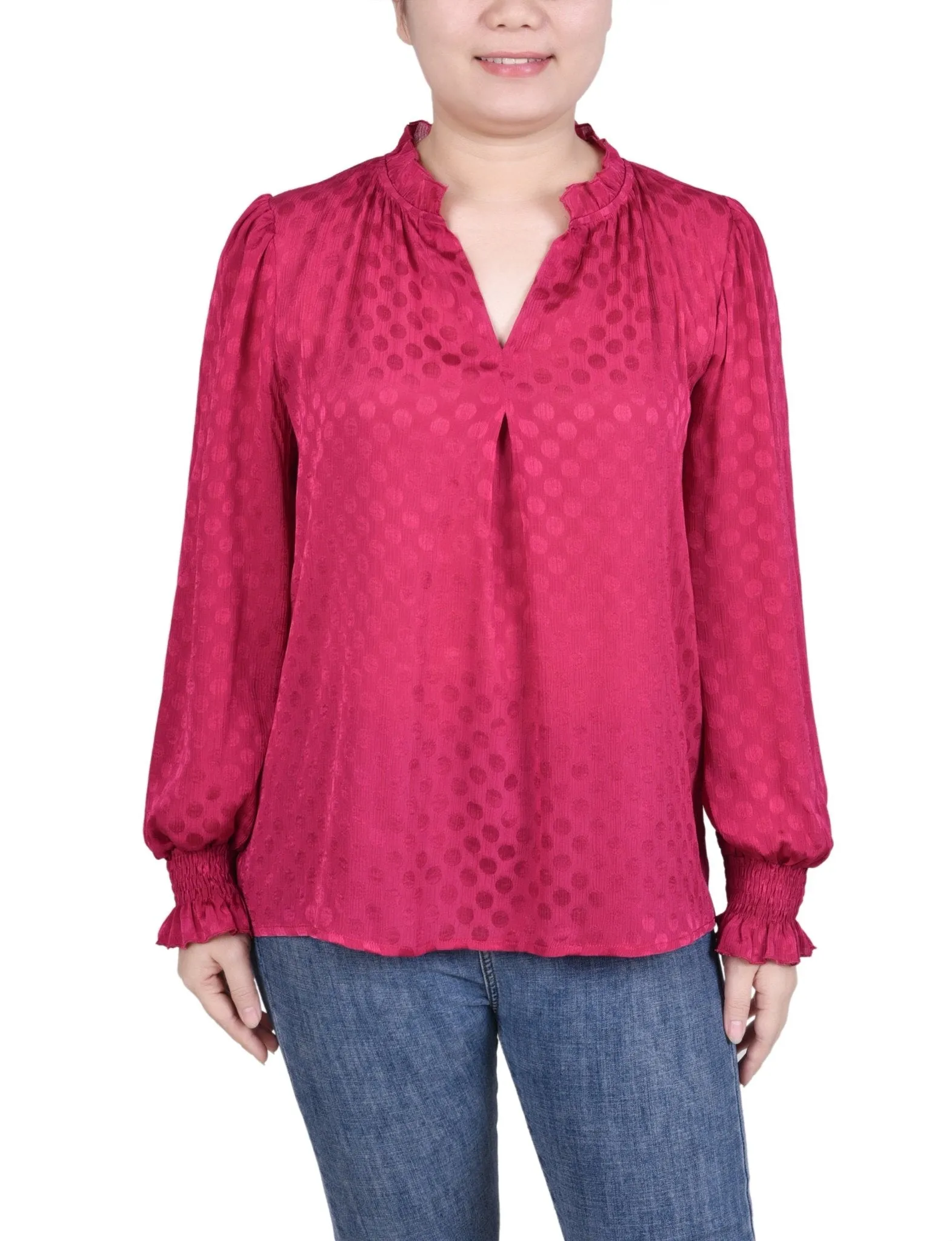 Long Sleeve Smocked Cuff Blouse - Petite