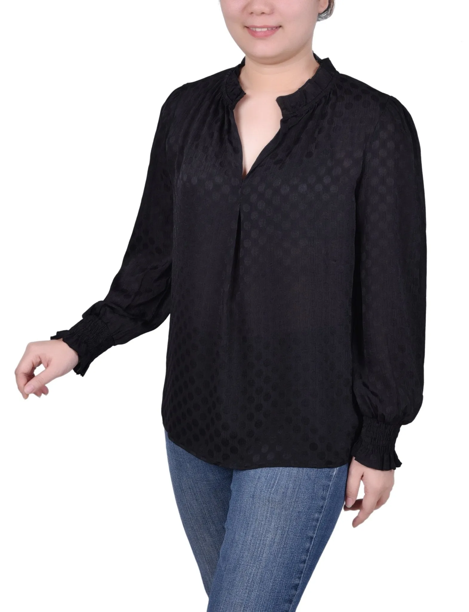 Long Sleeve Smocked Cuff Blouse - Petite