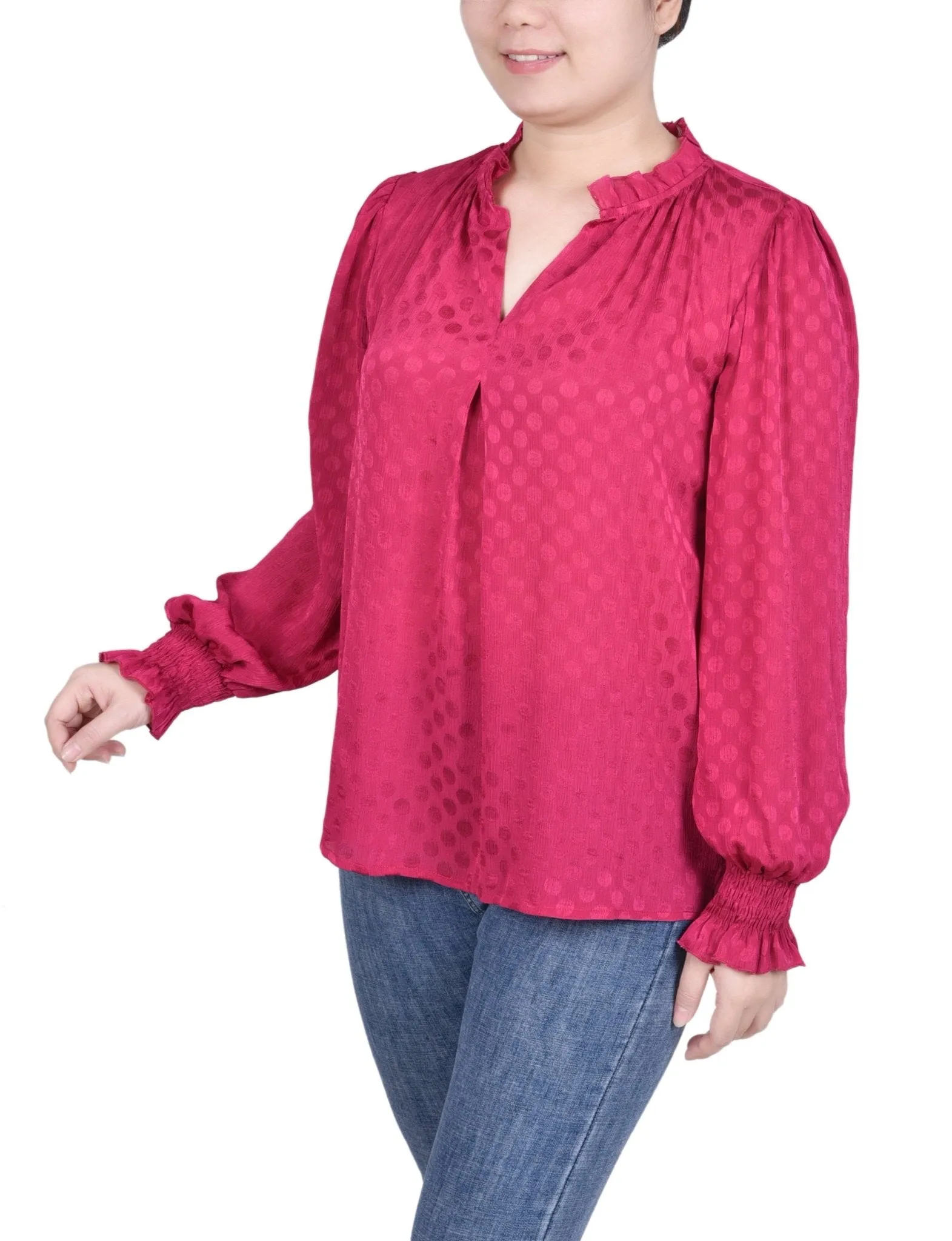 Long Sleeve Smocked Cuff Blouse - Petite