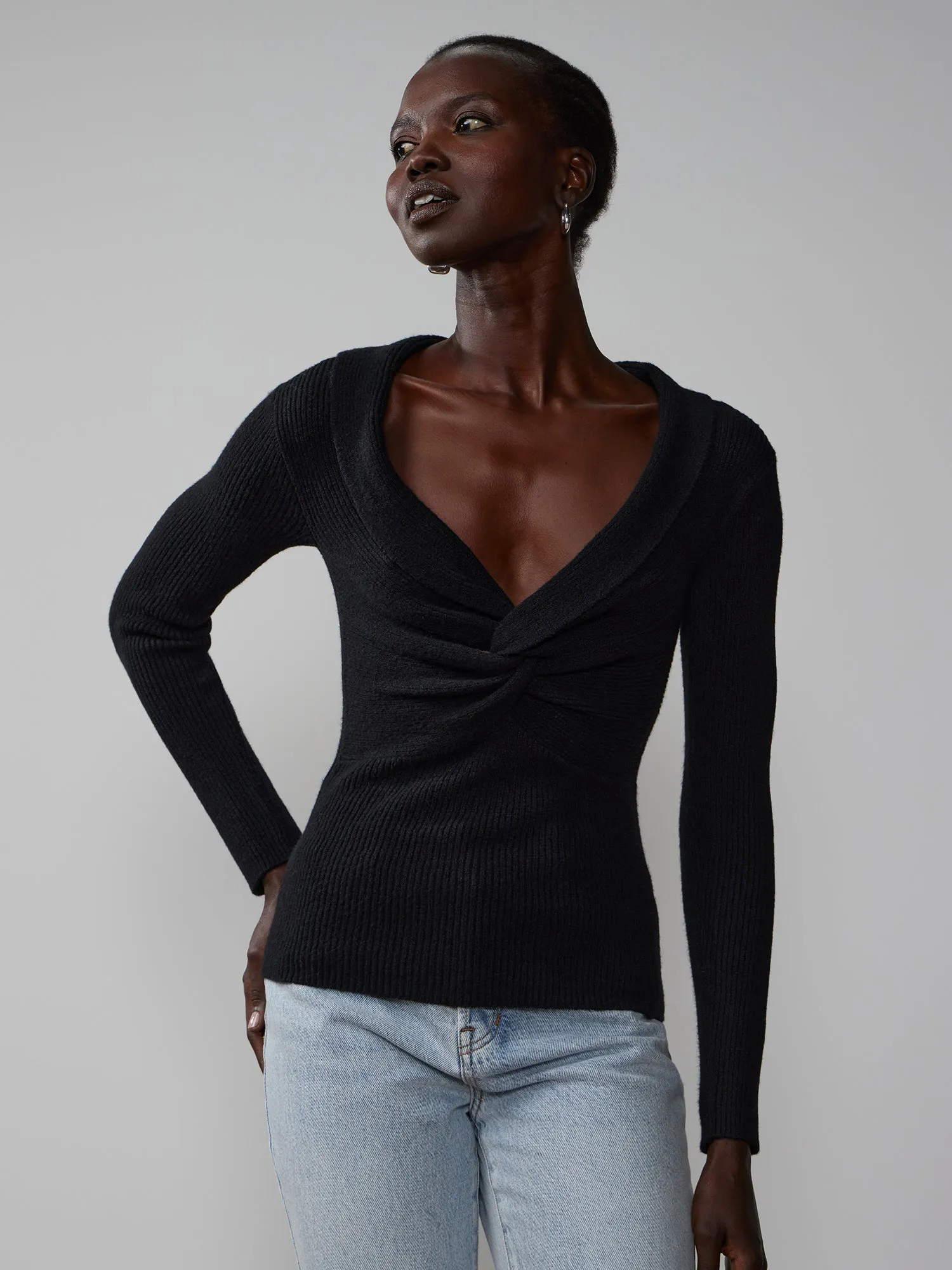 Long Sleeve Twist Front Detail Fitted Sweater
