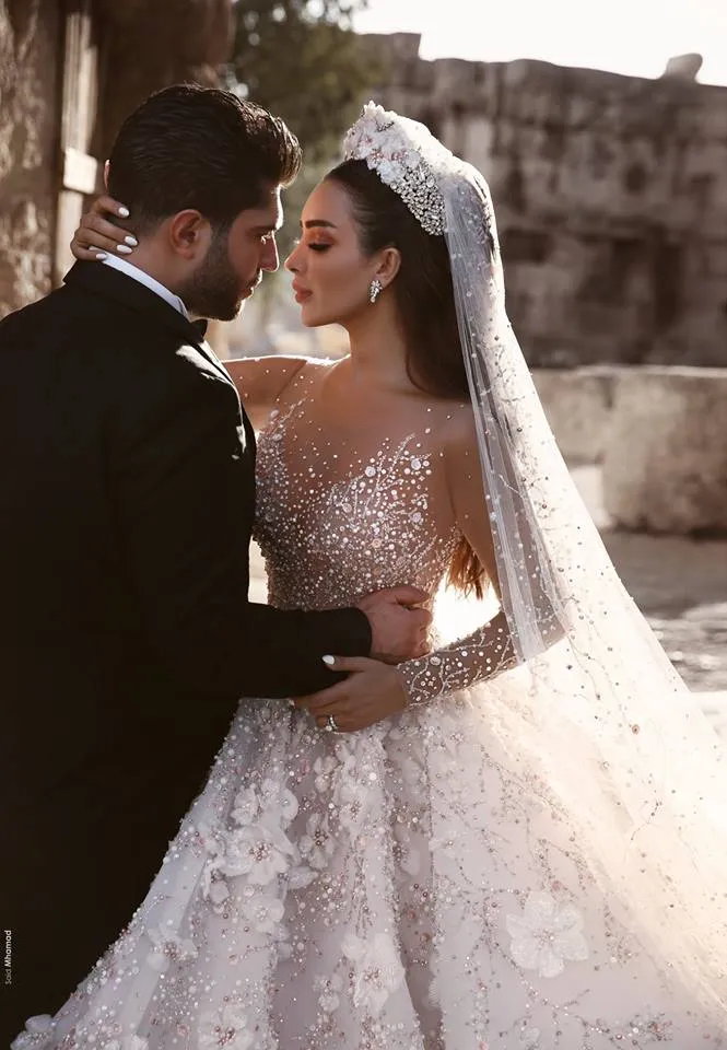 Luxurious Long Sleeve Wedding Dresses | Ball Gown Flowers Crystal Bridal Gowns