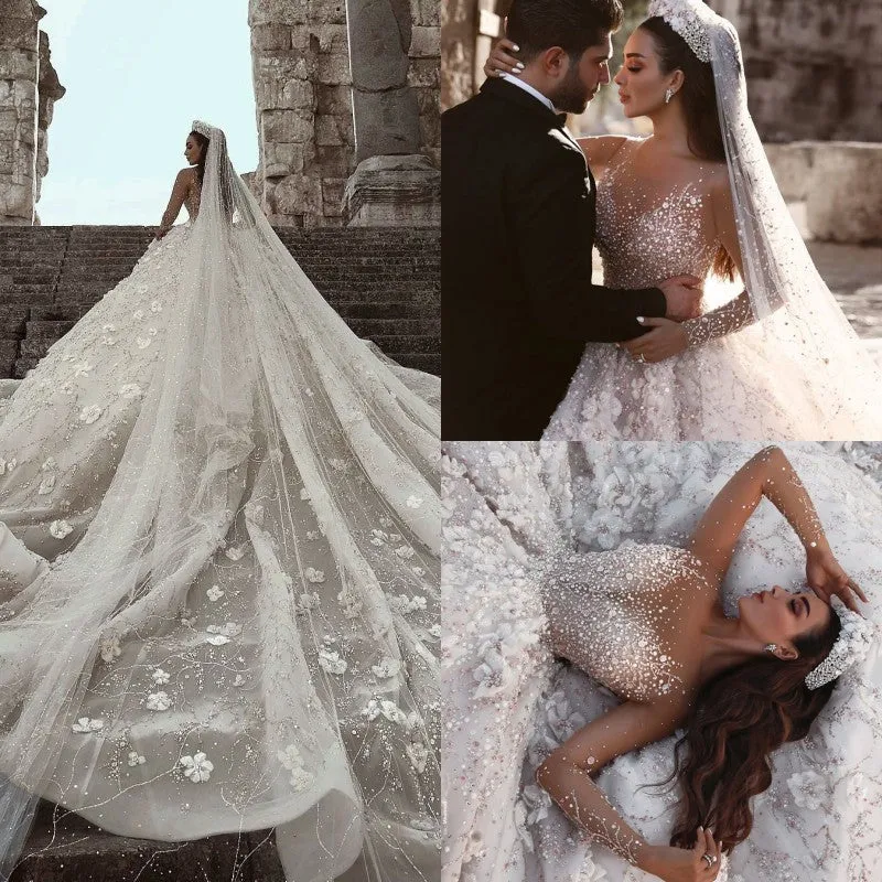 Luxurious Long Sleeve Wedding Dresses | Ball Gown Flowers Crystal Bridal Gowns
