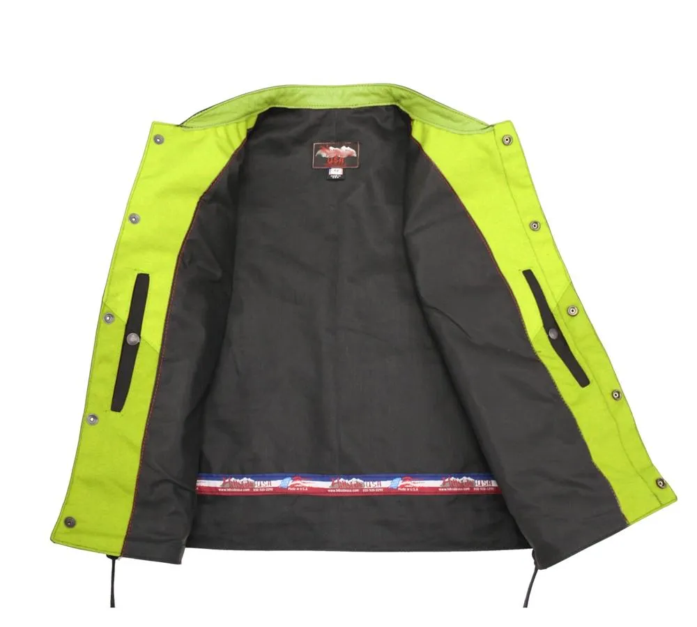 Mens Made in USA Lime Green Military Grade Cordura Motorcycle Vest Hidden Snaps Gun Pockets