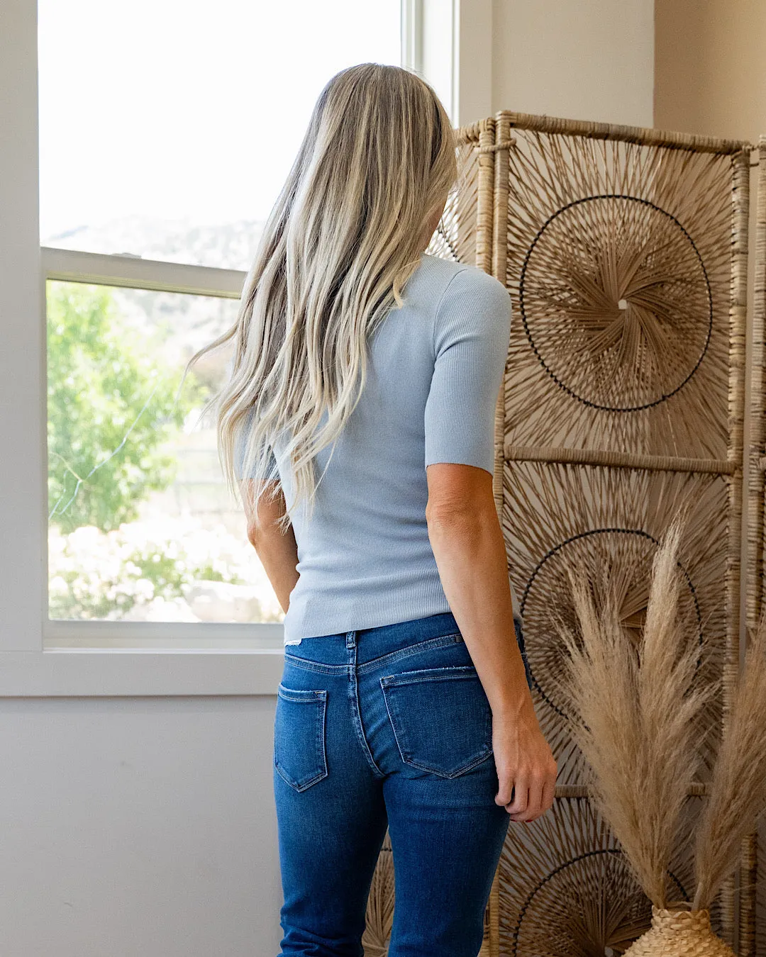 NEW! Rebecca Half Sleeve Rib Knit Top - Dusty Blue
