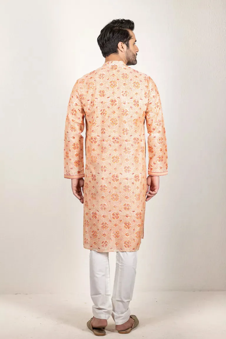 Orange-Printed Chanderi Kurta