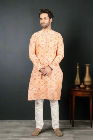Orange-Printed Chanderi Kurta